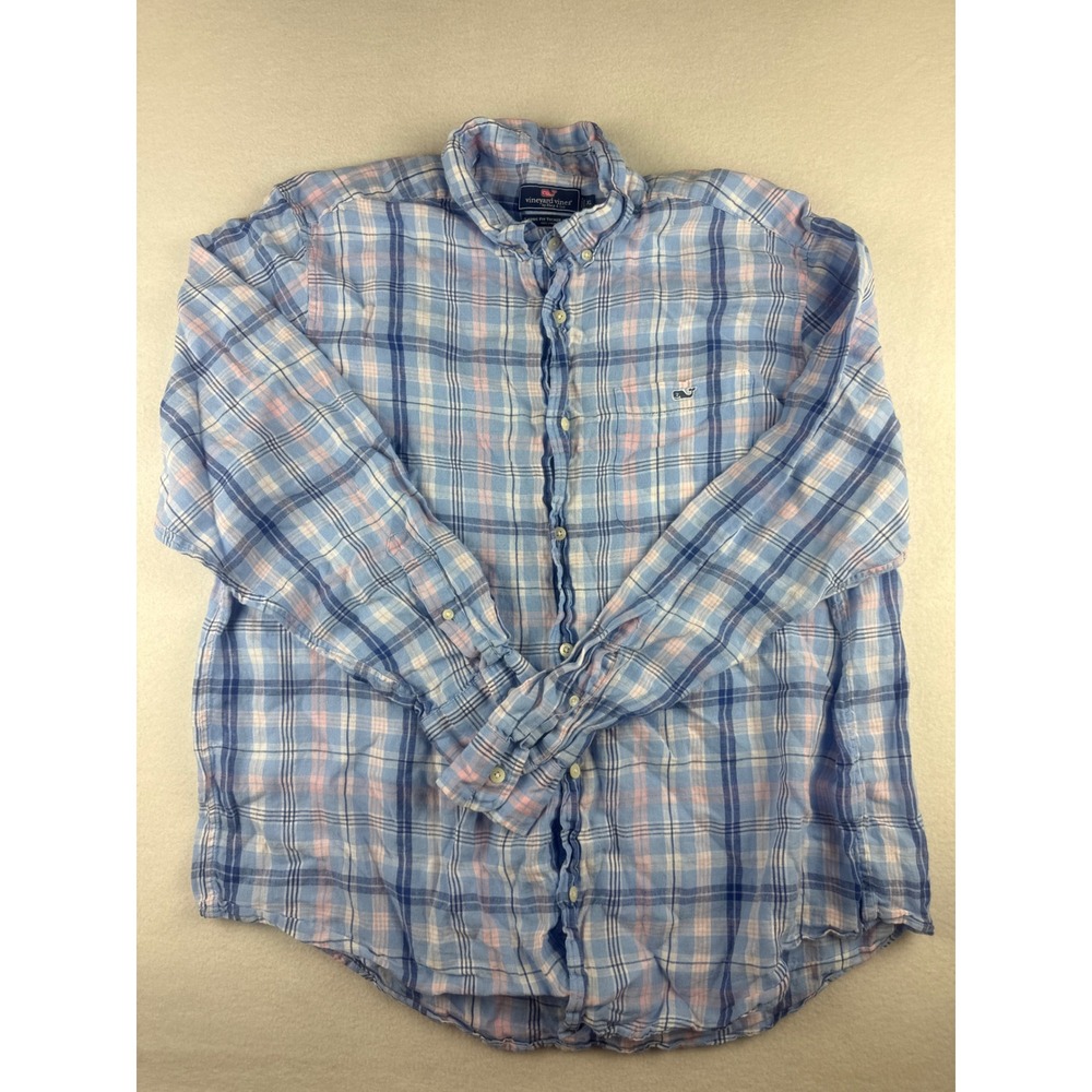 Vineyard Vines Mens XL Blue Pink Plaid 100% Linen Classic Fit Tucker Shirt